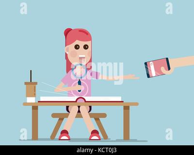 Hand Mobile Smartphone mit Search Engine geben, um Mädchen für Lupe suche Daten auf Book cartoon Vektor-illustration ersetzen Stock Vektor