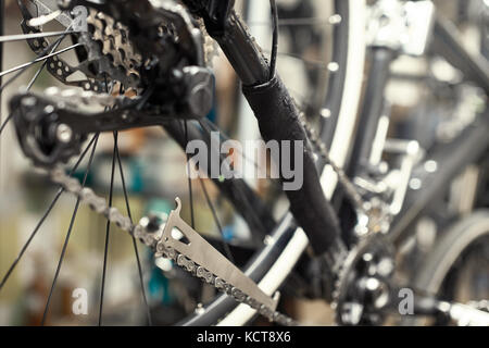 Fahrradteile Hinterradbremse disc Kassette fragment Rahmen. Stockfoto