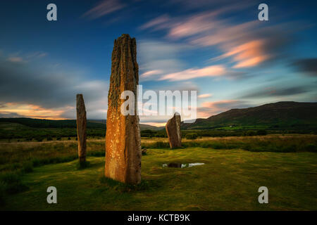 Machrie moor Steine im Abendlicht, Isle of Arran, Schottland Stockfoto