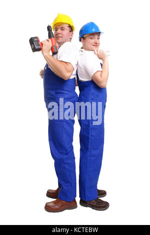 Veteran und Servicewoman tragen gelbe und blaue Helm und Blau insgesamt mit dem Rücken zueinander - Mann, borer - Frau mit Flachbild Stockfoto