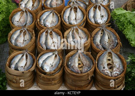 Fische in einem Korb mit asiatischem Markt - Fisch in einem Korb auf den asiatischen Markt Stockfoto