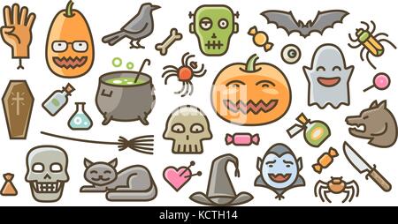 Halloween-Set mit Symbolen. Feiertagssymbol. Illustration des Zeichentrickvektors Stock Vektor