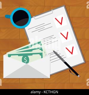Lohn Planung zu verbringen. Banknoten- und Checkliste, planen Gehalt. Vector Illustration Stock Vektor