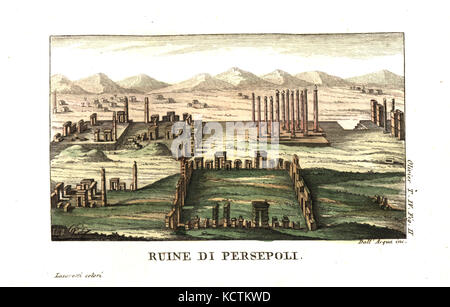 Ruinen von Persepolis, oder Takht-e-Jamshid, der Hauptstadt des achämenidischen Reiches. Illustration von Mounier aus Guillaume-Antoine Olivier reist im Osmanischen Reich, Ägypten und Persien, 1801. Kupferstich von Dell'Acqua Papierkörbe durch Lazaretti von Giovanni Battista sonzogno's Sammlung der interessantesten Reisen (Raccolta de Viaggi Piu Interessanti), Mailand, 1815-1817. Stockfoto