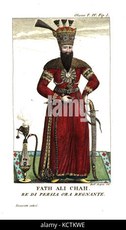 Fath Ali Chah, zweite qajar Kaiser oder Shah von Iran (1772-1832). Abbildung aus Guillaume-Antoine Olivier reist im Osmanischen Reich, Ägypten und Persien, 1801. Kupferstich von Dell'Acqua Papierkörbe durch Lazaretti von Giovanni Battista sonzogno's Sammlung der interessantesten Reisen (Raccolta de Viaggi Piu Interessanti), Mailand, 1815-1817. Stockfoto