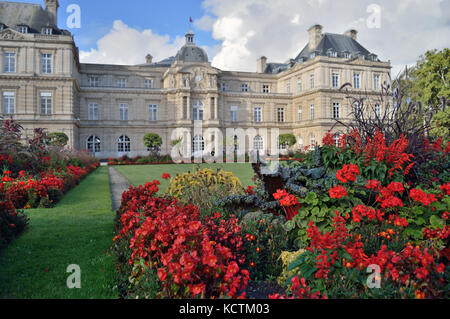 Blumen vor dem Luxembourg Palast im Jardin du Luxembourg - konzentrieren sie sich auf die Blumen. Stockfoto