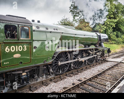 Der Flying Scotsman Dampflokomotive 60103 Crowcombe Heathfield Bahnhof, Somerset, England, UK. Stockfoto