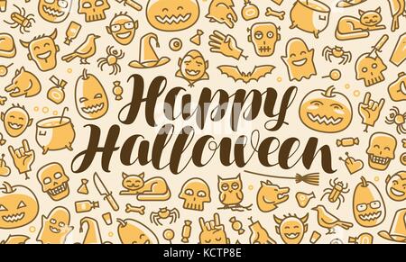 Happy Halloween, Grußkarte oder Banner. Feiertag, Festival, Partykonzept. Illustration des Schriftvektors Stock Vektor