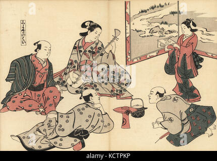 Drei Samurai hören zu einer Kurtisane spielen die Shamisen als kamuro bringt Essen auf ein Fach ein Holzschnitt von masanobu Okumura (1686-1764) von Fuzoku Emakimono, Bild Scrollen von Wasser Handel, Tokio, Reprint circa 1880. Stockfoto