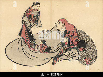 Japanische Gott daikokuten mit Kurtisane und kamuro (junges Mädchen maid). Holzschnitt von masanobu Okumura (1686-1764) von Fuzoku Emakimono, Bild Scrollen von Wasser Handel, Tokio, Reprint circa 1880. Stockfoto