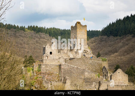 Schließen Sie Blick auf die Burg Ruine der Niederburg Manderscheid in der Eifel, Deutschland im Frühjahr. Stockfoto