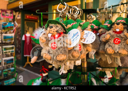 Mondsee, Österreich - 25. August 2016: alpine Marmot - typisch österreichische Tier als Stofftier im traditionellen österreichischen hat für den Verkauf in einem Souvenirshop. Stockfoto