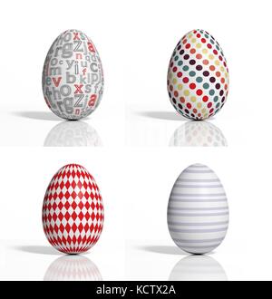 Vier farbige Eier mit geometrischen Formen isoliert auf weißem Stockfoto