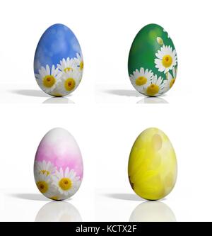Vier farbige Eier mit Blumen und Bokeh isoliert Stockfoto