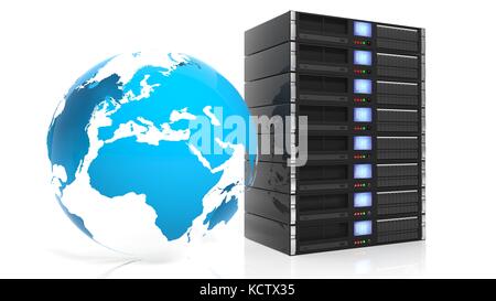 Server Racks und Welt Hologramm, auf weißem Hintergrund Stockfoto