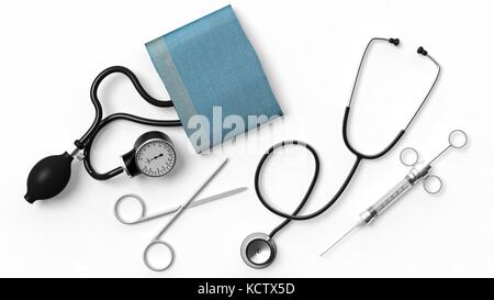 Diverse medizinische Ausrüstung auf weißem Hintergrund Stockfoto
