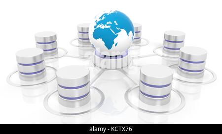 Netzwerk Datenbank mit weltweiten Symbol auf weißem Hintergrund verbunden. Stockfoto