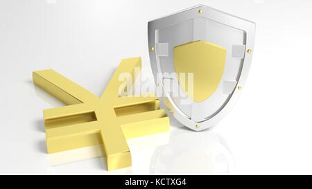 Silver Shield und gold Yen Symbol auf weißem Hintergrund Stockfoto