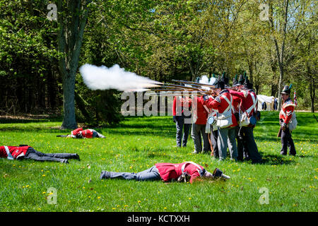 Schlacht von longwoods Reenactment und anglo-amerikanischen Krieg von 1812, März 1814, Britische Truppen feuern Musketen auf dem Schlachtfeld, Minnesota, Ontario, Kanada. Stockfoto