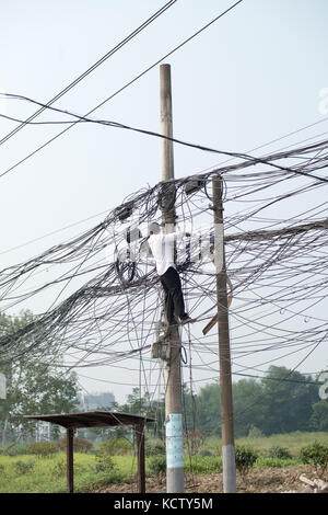 Drähte - Mann auf Telegrafenmast mit Hunderten von Drähten auf der Suche nach Internet-Verbindungskabel Stockfoto