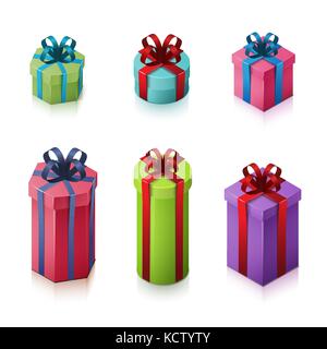 Satz von geschenkboxen mit Schleifen und Bänder. isometrische Darstellung Stock Vektor