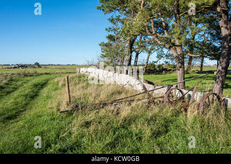 Rostig alte traditionelle Schnitter in der landwirtschaftlichen Landschaft der schwedischen Ostseeinsel Oland Stockfoto