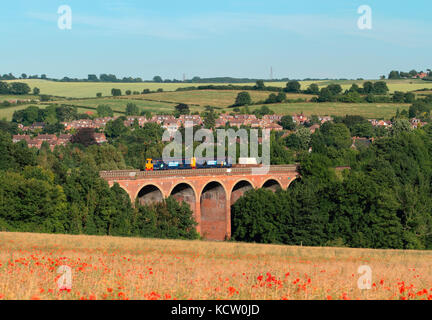 Ein Paar der Diesellokomotiven der Baureihe 20 DRS Nr. 20309 und 20308 überquerte das Eynsford Viaduct in Kent mit einem Mohnfeld darunter. Stockfoto