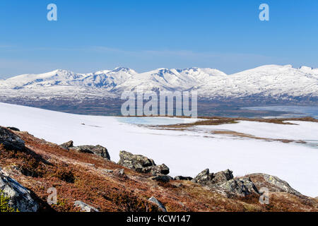 Arktische tundra Landschaft auf dem Berg Storsteinen mit schneebedeckten Bergen im Sommer. Tromso, Troms, Norwegen, Skandinavien, Europa Stockfoto