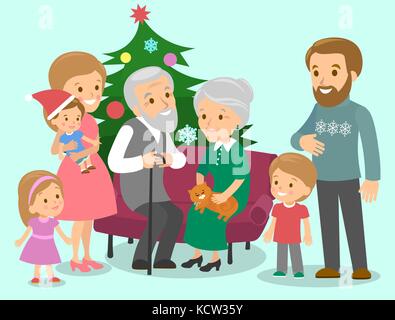 Große Familie feiert Weihnachten. fancy Baum. Vector Illustration Stock Vektor