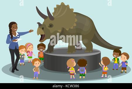 Studenten im Paläontologischen Museum in Dinosaurier suchen. Vector Illustration Stock Vektor