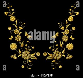 Stickerei goldene Blume Halskette traditionelle ornament Dekoration Feld rustikalen Kornblumen daisy Haribo Erdbeeren Schmetterling design Vector illustr Stock Vektor