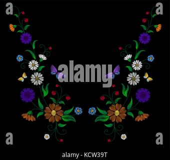 Stickerei Blume Halskette traditionelle ornament Dekoration Feld rustikalen Kornblumen daisy Haribo Erdbeeren Schmetterling design vector Abbildung v Stock Vektor