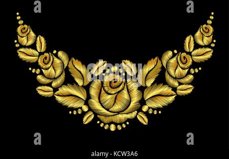 Stickerei Blume Halskette traditionelle ornament Deko Rosen Blätter reichen leuchtende goldene gold Design Vector Illustration Vintage Retro Style Design Stock Vektor