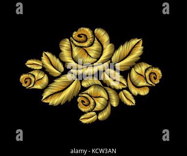 Goldene Rosen Stickerei mode Abbildung gold Blume vector gezeichnet Patch traditionellen Hintergrund Dekoration Schmuck Stock Vektor