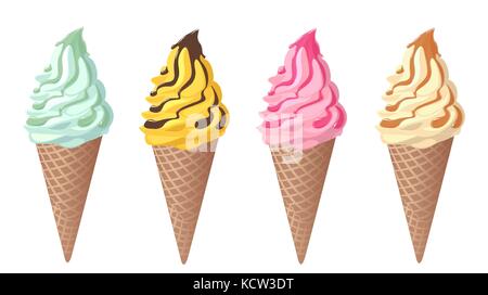 Satz von Eis in der Waffel kegel Pistazie lemon Mint orange strawberry Cherry Vanilla Creme Caramel Sirup gegossen Schokoladensauce jam. Vektor illustr Stock Vektor