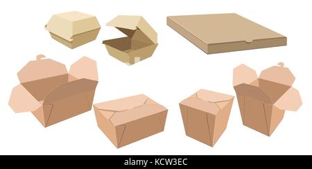 Satz von verschiedenen Kartonagen für fast food. Pizza burger Chinesisch beige Verpackungsmittel aus Papier. Verschiedene Boxen. Vector Illustration Stock Vektor