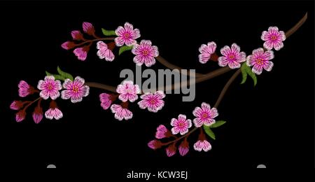 Stickerei Zweig der Kirschblüten auf einem schwarzen Hintergrund. rosa Blüten. Feder in Japan. Vector Illustration. Sakura Stock Vektor