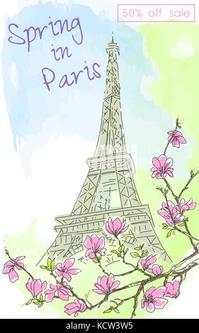 Alte Ansichtskarte mit Blick auf den Eiffelturm und blühenden Kirschbaum. Farbe Aquarell. Frühling Rabatte. Abbildung Stock Vektor