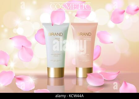 Zart rosa Blume, Blütenblätter kosmetische Ad. beige white face Creme Rosenblüte Maske tube Reflexion Paket mockup Defokussierten glänzenden Hintergrund template vector Förderung Bild verschwommen Stock Vektor