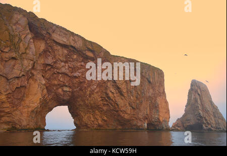 Roche perce und Atlantik Sünde Nebel bei Sonnenaufgang auf gaspe Halbinsel, Perce, Quebec, Kanada Stockfoto