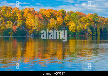 Hufeisensee im Herbst mit Häuschen, in der Nähe von Parry Sound, Ontario, Kanada Stockfoto