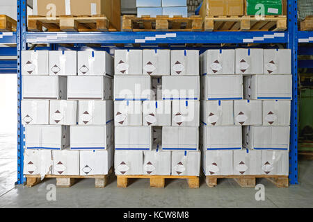 Boxen mit Ware auf Paletten im Versandlager Stockfoto