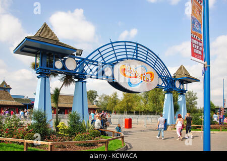 Eingang Zeichen, Thorpe Park Freizeitpark, Chertsey, Surrey, England, Vereinigtes Königreich Stockfoto