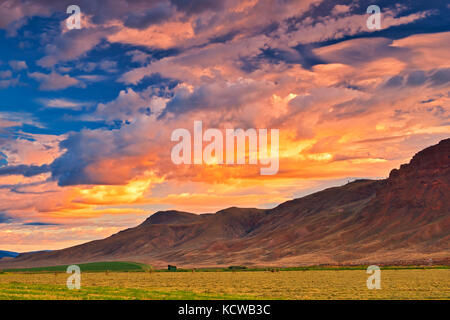 Stürmische Wolken über Wiesen bei Sonnenaufgang, Cache Creek, Britisch-Kolumbien, Kanada Stockfoto