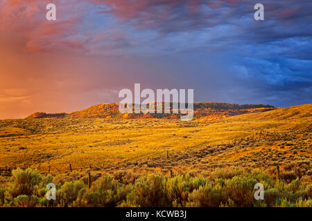 Stürmische Wolken über Wiesen bei Sonnenaufgang, Cache Creek, Britisch-Kolumbien, Kanada Stockfoto