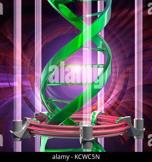 Prinzipdarstellung eines doppelten DNA (Desoxyribonukleinsäure) Molekül mit DNA zu Erzeugen oder Bearbeiten von Anlagen gestrandet. Die DNA besteht aus zwei Strängen in einer Doppelhelix verdreht. Jeder Strang besteht aus einem Zucker Phosphat Backbone angeschlossen Unterseiten Nukleotid. Es gibt vier Basen: Adenin, Cytosin, Guanin und Thymin. Die Basen sind zusammen durch Wasserstoffbrücken verbunden. Die DNA enthält Abschnitte Gene genannt, dass die genetische Information des Körpers zu codieren. Stockfoto