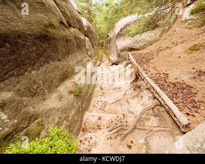 Tiefe Eingang weg in Sandstein blockieren. historischen Weg durch den Nadelwald Stockfoto