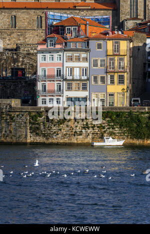 Die Stadtgebäude von Porto liegen am Douro-Fluss auf der Iberischen Halbinsel, der zweitgrößten Stadt Portugals. Blick von Vila Nova de Gaia Stockfoto