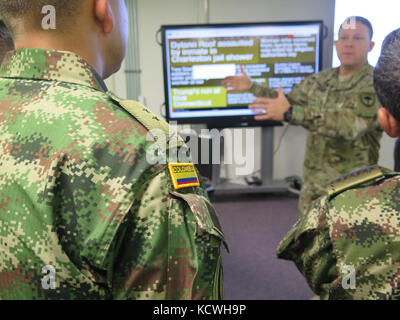 Kolumbianische Armee Besucher sind unterrichtet, die die us-armee Lt.Col. vic Braun, stellvertretender Direktor des Joint Operations Center an der s.c. Emergency Management Abteilung Gebäude in West Columbia, South Carolina, 16, 2016 August. Die kolumbianische Delegation in einem partnerschaftlichen Austausch mit der Südcarolina nationale Schutz verband das Konzept einer Reserve Force zu besprechen, Katastrophenhilfe und Wartung. Die spp zwischen South Carolina und Kolumbien wurde im Jahr 2012 gegründet. (Us Air National Guard Foto von ersten Lt. Stephen hudson/freigegeben) Stockfoto