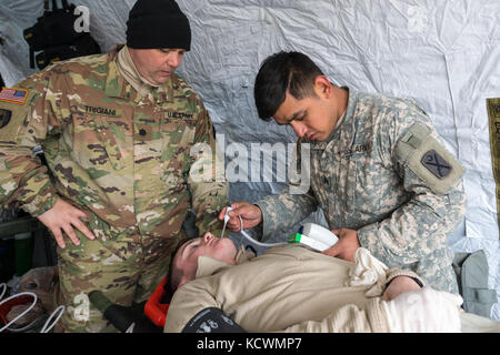 Us-Armee Lt.Col. Jason trigiani, Arzt Assistent und Sgt. george Uribe, Medic sowohl für das 251 Area Support Medical Unternehmen, South Carolina Army National Guard zugeordnet ist, prüfen Sie die Vitalparameter des PFC-. Samuel Seiten während der Fehleranalyse in einer gemeinsamen Übung im Rosewood center, Owings Mills, Maryland, 10. März 2017. Das 251 zusammen mit der 231St Chemieunternehmen von der Maryland Army National Guard sind die Beteiligung an einer US-Armee nördlich Validierung Übung, in der Sie die Einrichtung einer vollen medizinischen Bereich und Abschluss der Fehleranalyse an den Unfall. (Us Air National Guard phot Stockfoto